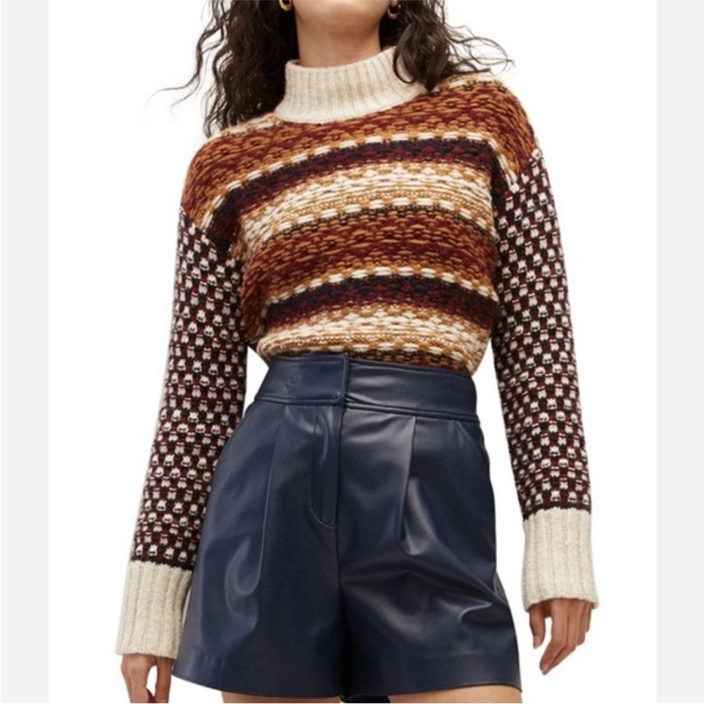 $585 Veronica Beard Clary Alpaca-Blend Turtleneck stripe caramel navy Sweater M